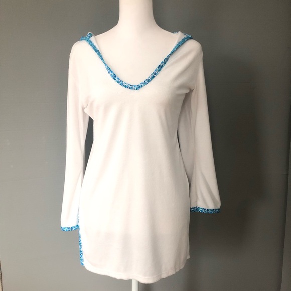 Helen Jon Tops - NWT Helen Jon White Hooded Terry Cover-Up XS Tunic with Blue Accents